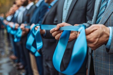 Rows of formally dressed men holding vibrant blue ribbons at an outdoor ceremony or event