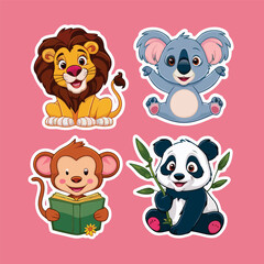 four set of cute cartoon animal stickers vector illustration Flat design. animal sticker collection vector illustration