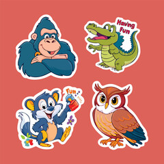 four set of cute cartoon animal stickers vector illustration Flat design. animal sticker collection vector illustration