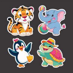 four set of cute cartoon animal stickers vector illustration Flat design. animal sticker collection vector illustration