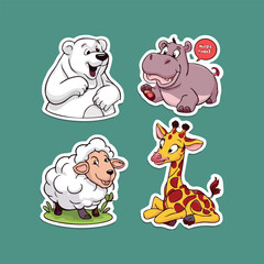 four set of cute cartoon animal stickers vector illustration Flat design. animal sticker collection vector illustration