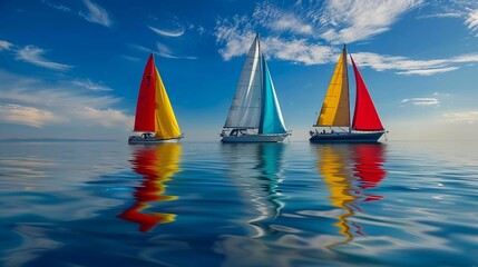 Serene and picturesque scene of sailboats with vibrant sails gliding gracefully through the water