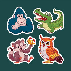 four set of cute cartoon animal stickers vector illustration Flat design. animal sticker collection vector illustration