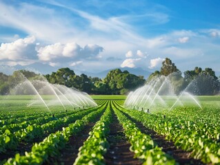 Many sprinklers are sprinkling water on the veggies in a sizable vegetable field.
