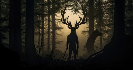 photo taken from behind head of a massive stag staring at distant cavemen evening forest