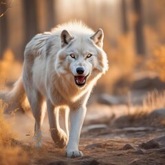 Obraz premium White wolf,hunts, aggressive, wildlife, forest, spring,early morning, dawn