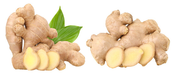 Fresh ginger rhizome with green leaves and slices isolated, transparent PNG,  PNG format, cut out,...