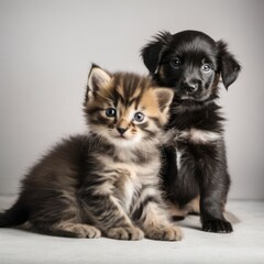 best friends, cute black puppy and kitten,best friends, cute puppy and kitten, plain background