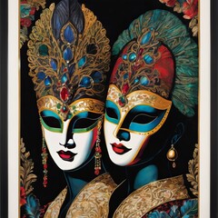 painting on the wall, two women in carnival masks,paint, professional,  creativity, canvas,  imagination,