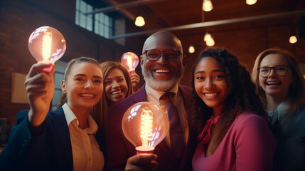 Happy creative team holding glowing lit lightbulbs. Diverse collaboration group of intelligent business people with shining light bulbs presenting and sharing effective useful idea
