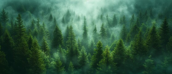 a painting of a foggy forest with pine trees in the foreground and a bright sun in the background. - obrazy, fototapety, plakaty