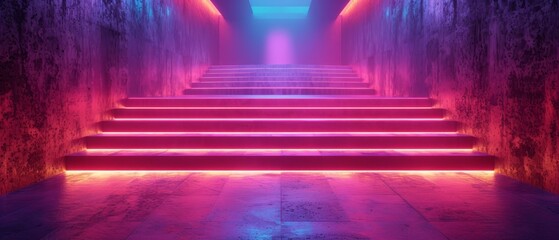 a set of stairs that are lit up with pink and blue lights in a hallway with red and purple lighting.