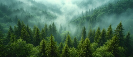 a forest filled with lots of green trees in the middle of a foggy forest filled with lots of green trees.