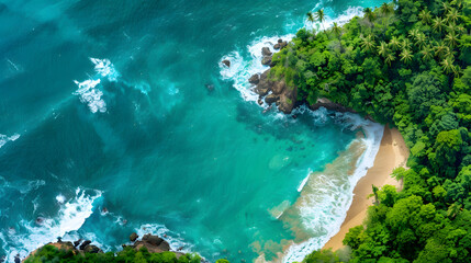 Aerial view of a tropical island with a white sandy beach and turquoise water