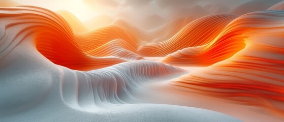 Obraz premium a computer generated image of a landscape with orange and white waves and a bright sun shining through the clouds in the distance.