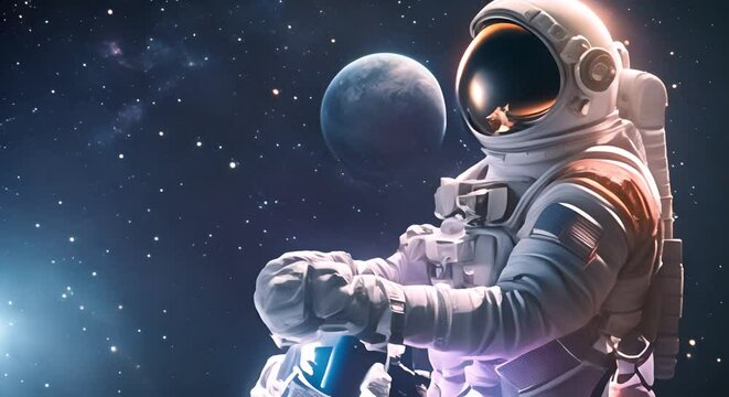 Spaceman astronaut floating in outer space. Designed for fantastic, futuristic, science or space travel backgrounds