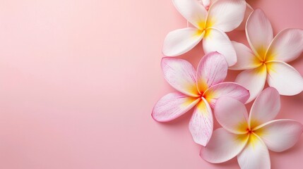 Obraz na płótnie Canvas Over a pale pink backdrop, there is a stunning Frangipani Plumeria, a tropical spa flower.