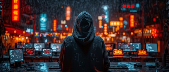 Fototapeta premium a man in a hooded jacket standing in front of a computer monitor in a dark room with neon lights in the background.