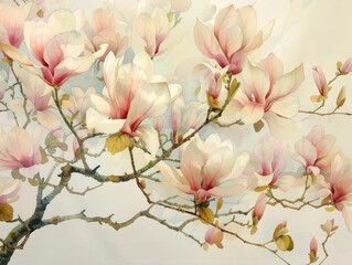 Exquisite Watercolor Magnolia Tapestry Showcasing the Grandeur and Delicate Beauty of Nature s Finest Blossoms