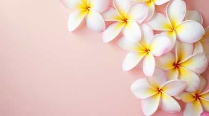 Fototapeta na wymiar Over a pale pink backdrop, there is a stunning Frangipani Plumeria, a tropical spa flower.