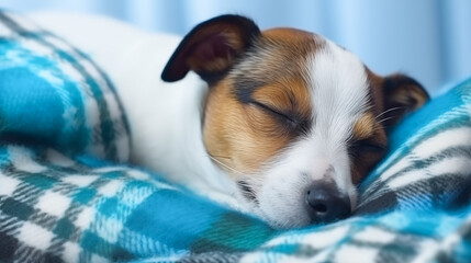 Young dog jack russell terrier sleeping on turquoise knitted plaid on the parquet floor of living room in a sunny day