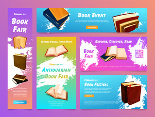 Book event fair antiquarian festival banner landing page set design template vector illustration