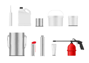 Containers with various liquid industrial construction mock up set realistic vector illustration