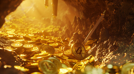 A 3D illustration portrays a scene of golden Bitcoin mining in a deep, golden cave, where a pickaxe lies beside scattered coins, vividly symbolizing the digital quest for cryptocurrency. - obrazy, fototapety, plakaty