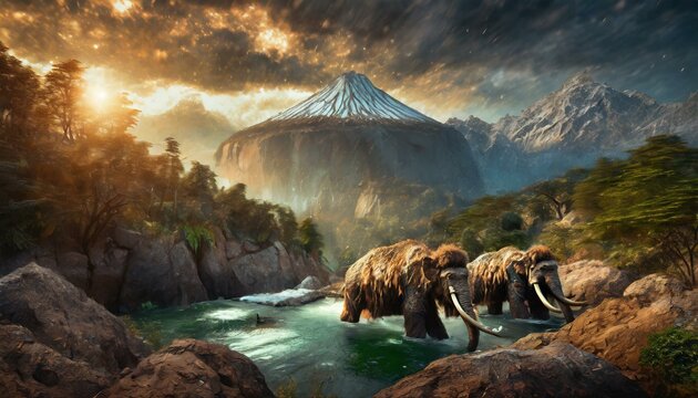 先史時代のマンモスの群れ