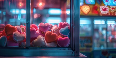 blue, pink rubber hearts and cute teddy within a claw machine - obrazy, fototapety, plakaty