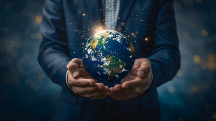 Businessman holding a digital glowing earth hologram in his hands on a dark blue background