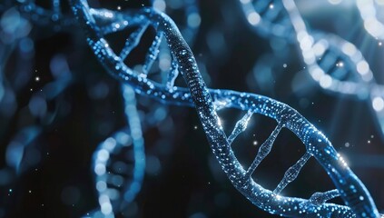 Close-up of the blue and white double helix DNA structure on a dark background