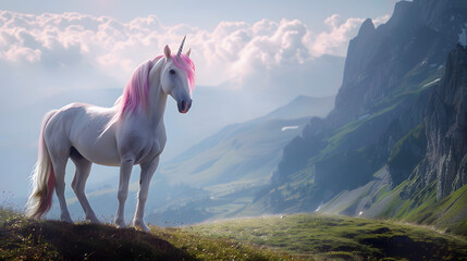 Obraz na płótnie Canvas cinematic photo of an unicorn with pink mane standing on the hill