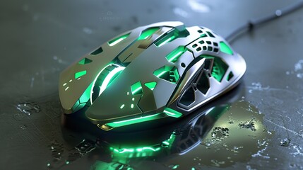 Design a Spacecraft-inspired wireless mouse, with Metallic shell, and Hollow skeletal design, Luminescent green energy core, Futuristic aesthetics, Sleek contours, Extraterrestrial motifs.