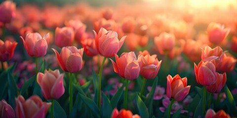 Bright tulip garden, blowing in the wind, blurs background with bokeh lighting. - obrazy, fototapety, plakaty