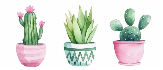 beautiful gouache paint drawing of a cactus in a cute pot on a white background.