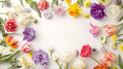 Colorful spring flowers frame a white background with copy space