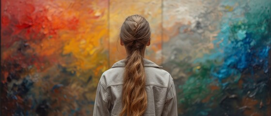 a woman with long hair standing in front of a colorful wall with a painting on it's wall behind her.