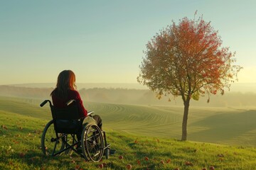 Woman in Wheelchair Sitting on Hill