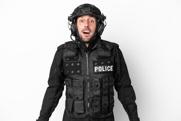 Fototapeta premium SWAT caucasian man isolated on white background with surprise facial expression