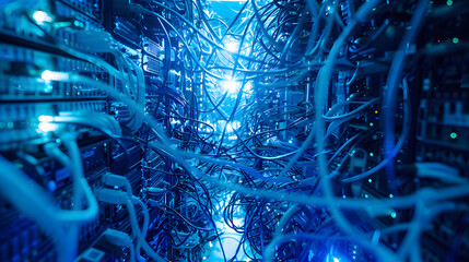 digital cables and wires in an overflowing server room - obrazy, fototapety, plakaty