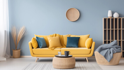 Stylish living room interior with yellow sofa coffee table and decorative elements