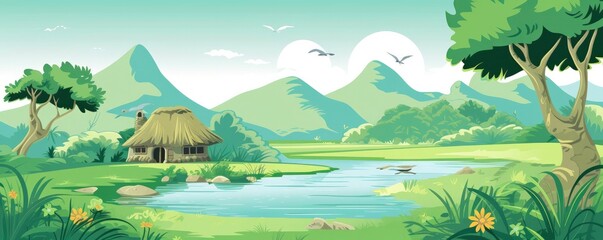 Fototapeta na wymiar The illustration light green, with green mountains, river, and a thatched hut in the backdrop.
