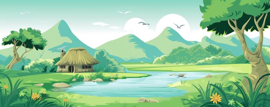 The illustration light green, with green mountains, river, and a thatched hut in the backdrop.