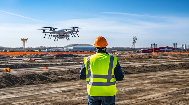 Drone inspection. Operator inspecting construction site control by civil engineer
