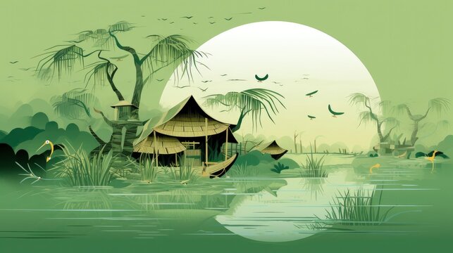 The illustration light green, with green mountains, river, and a thatched hut in the backdrop.