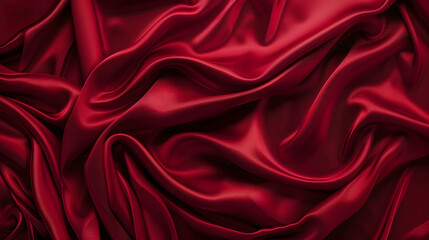 Elegant dark red silk satin fabric with intricate folds and curves draped on a luxurious background