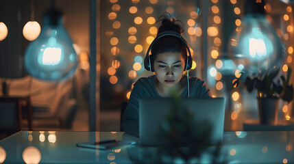 Female call center agent in headphones working on laptop at glass desk - obrazy, fototapety, plakaty