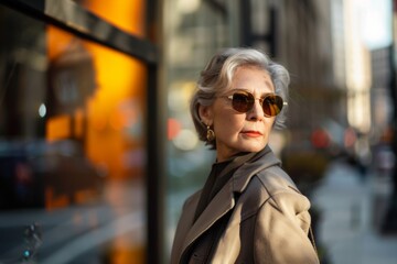Obraz premium A poised senior woman models in urban winterwear, showcasing timeless grace amid the city backdrop