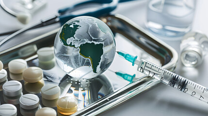 glass globe on medical tray with syringe and vial of liquid - obrazy, fototapety, plakaty